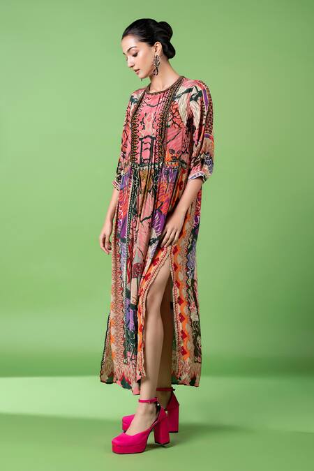 Buy_Siddhartha Bansal_Multi Color Pure Cepe Animal Round Pattern Kaftan _Online_at_Aza_Fashions