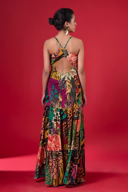 Shop_Siddhartha Bansal_Multi Color Pure Cepe Printed Floral Sweetheart Tiered Dress _at_Aza_Fashions