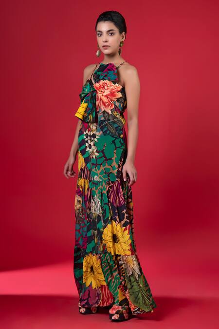 Buy_Siddhartha Bansal_Multi Color Pure Cepe Printed Floral Sweetheart Tiered Dress _Online_at_Aza_Fashions