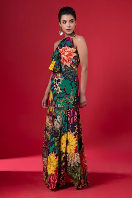 Shop_Siddhartha Bansal_Multi Color Pure Cepe Printed Floral Sweetheart Tiered Dress _Online_at_Aza_Fashions