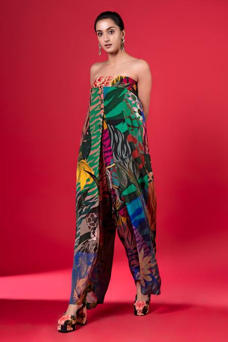 Buy_Siddhartha Bansal_Multi Color Pure Cepe Printed Floral Straight Strapless Jumpsuit_Online_at_Aza_Fashions