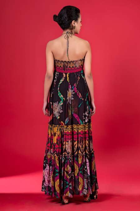Shop_Siddhartha Bansal_Multi Color Pure Cepe Printed Floral Halter Neck Dress _at_Aza_Fashions
