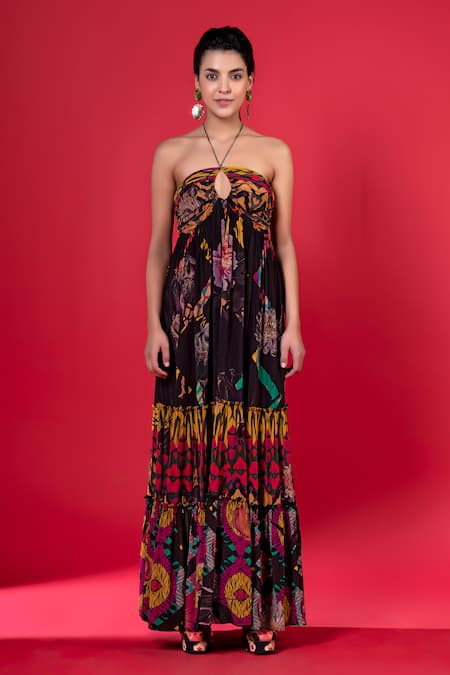Siddhartha Bansal_Multi Color Pure Cepe Printed Floral Halter Neck Dress _Online_at_Aza_Fashions