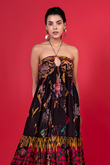 Buy_Siddhartha Bansal_Multi Color Pure Cepe Printed Floral Halter Neck Dress _Online_at_Aza_Fashions