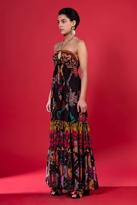 Shop_Siddhartha Bansal_Multi Color Pure Cepe Printed Floral Halter Neck Dress _Online_at_Aza_Fashions
