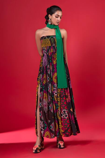 Shop_Siddhartha Bansal_Multi Color Pure Cepe Printed Floral Straight Strapless Dress _Online_at_Aza_Fashions
