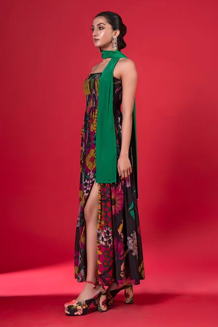 Siddhartha Bansal_Multi Color Pure Cepe Printed Floral Straight Strapless Dress _at_Aza_Fashions