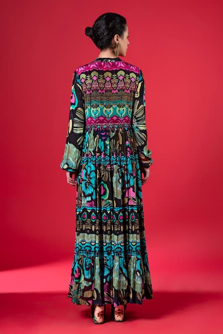 Shop_Siddhartha Bansal_Multi Color Pure Cepe Printed Floral Mandarin Collar Tiered Dress _at_Aza_Fashions