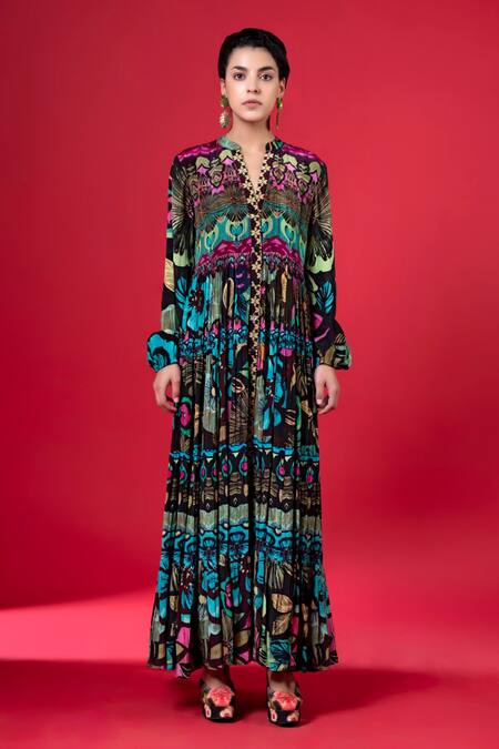 Siddhartha Bansal_Multi Color Pure Cepe Printed Floral Mandarin Collar Tiered Dress _Online_at_Aza_Fashions