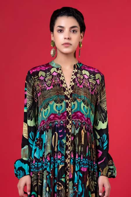Buy_Siddhartha Bansal_Multi Color Pure Cepe Printed Floral Mandarin Collar Tiered Dress _Online_at_Aza_Fashions
