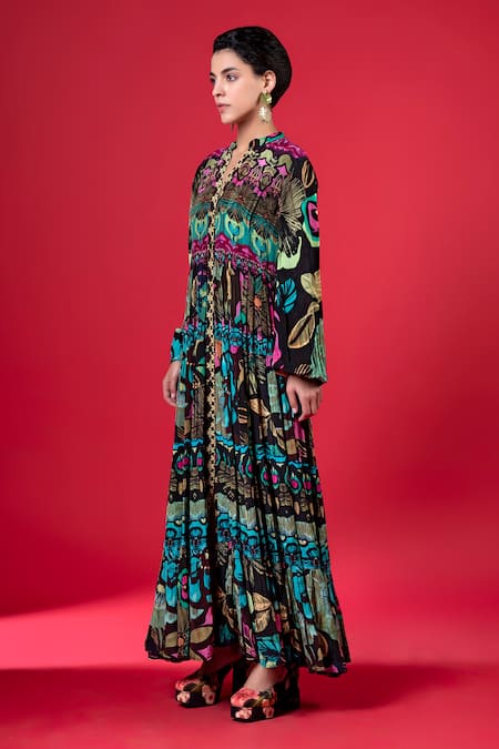 Shop_Siddhartha Bansal_Multi Color Pure Cepe Printed Floral Mandarin Collar Tiered Dress _Online_at_Aza_Fashions