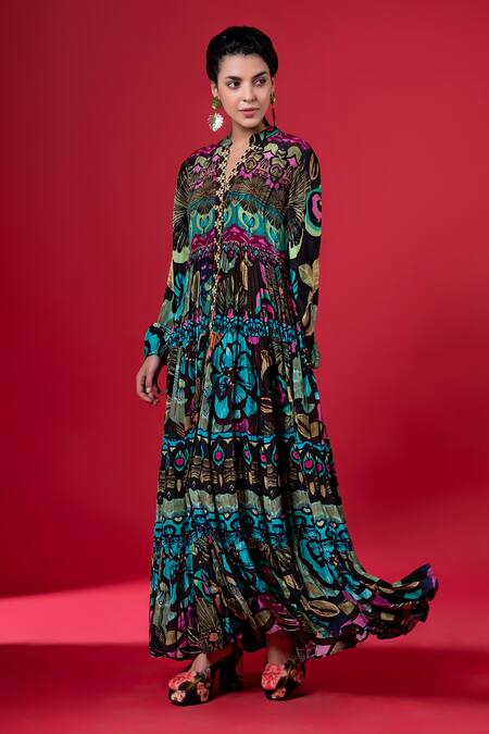 Siddhartha Bansal_Multi Color Pure Cepe Printed Floral Mandarin Collar Tiered Dress _at_Aza_Fashions