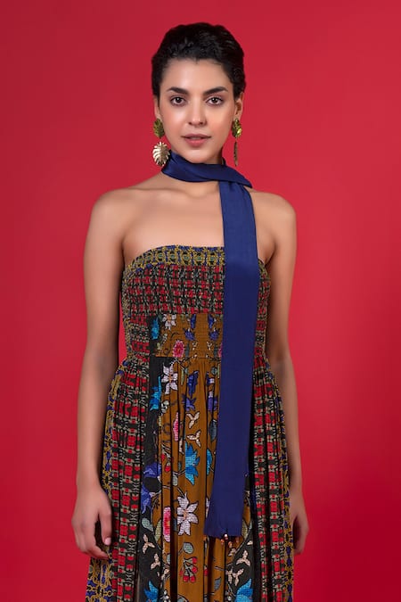 Siddhartha Bansal_Multi Color Pure Cepe Printed Floral Vine Straight Strapless Dress _Online_at_Aza_Fashions
