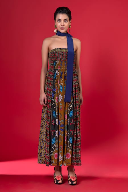 Buy_Siddhartha Bansal_Multi Color Pure Cepe Printed Floral Vine Straight Strapless Dress _Online_at_Aza_Fashions