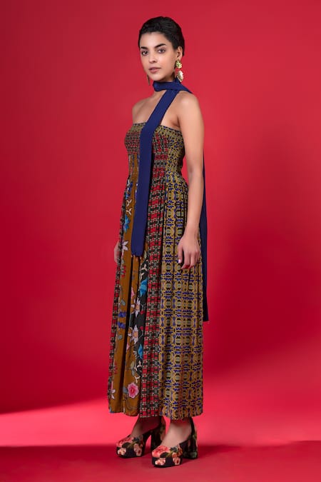 Shop_Siddhartha Bansal_Multi Color Pure Cepe Printed Floral Vine Straight Strapless Dress _Online_at_Aza_Fashions