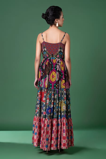 Shop_Siddhartha Bansal_Multi Color Crepe V-neck Floral Vine Print Tiered Dress _at_Aza_Fashions