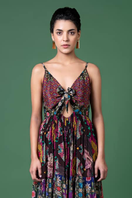 Siddhartha Bansal_Multi Color Crepe V-neck Floral Vine Print Tiered Dress _Online_at_Aza_Fashions