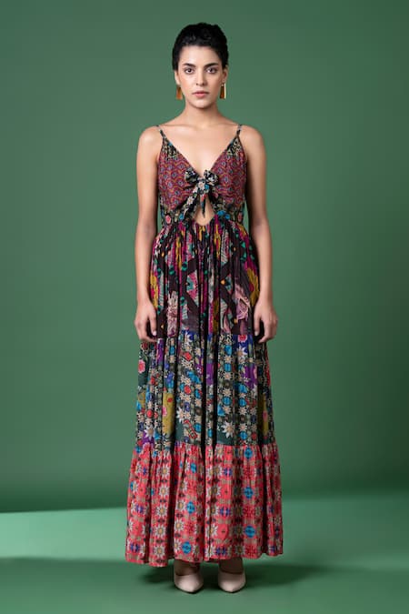 Buy_Siddhartha Bansal_Multi Color Crepe V-neck Floral Vine Print Tiered Dress _Online_at_Aza_Fashions