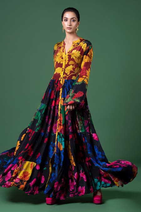 Shop_Siddhartha Bansal_Multi Color Crepe Mandarin Collar Printed Tiered Dress _Online_at_Aza_Fashions