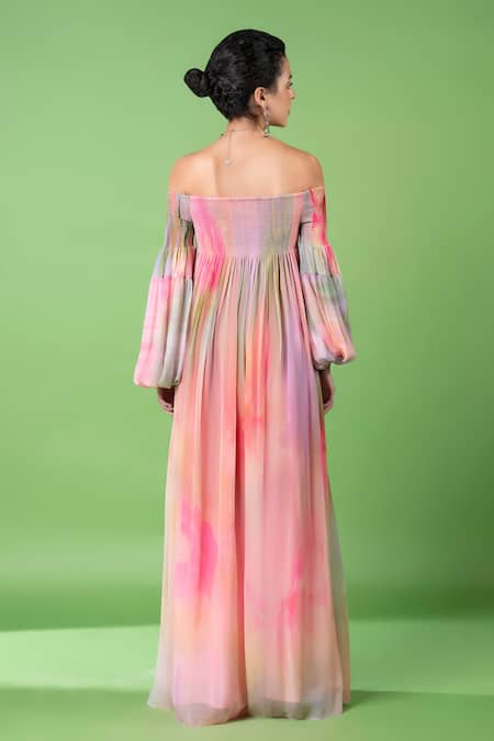 Shop_Siddhartha Bansal_Pink Chiffon Printed Abstract Off Shoulder Dress _at_Aza_Fashions