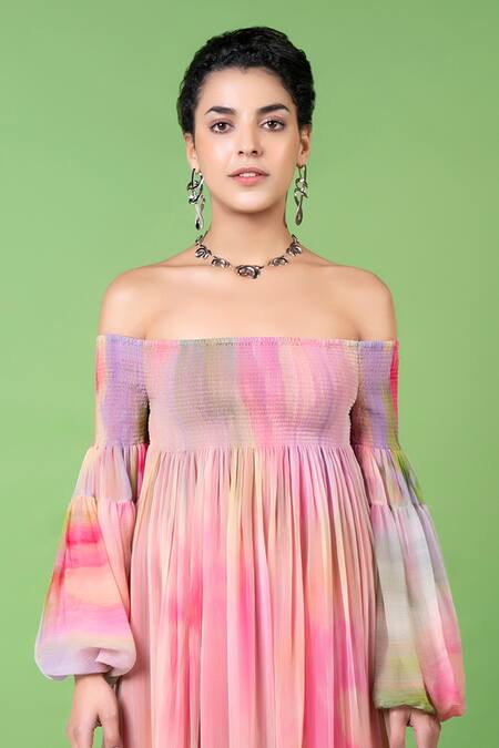 Siddhartha Bansal_Pink Chiffon Printed Abstract Off Shoulder Dress _Online_at_Aza_Fashions