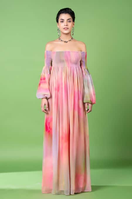 Buy_Siddhartha Bansal_Pink Chiffon Printed Abstract Off Shoulder Dress _Online_at_Aza_Fashions