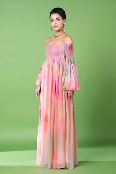 Shop_Siddhartha Bansal_Pink Chiffon Printed Abstract Off Shoulder Dress _Online_at_Aza_Fashions