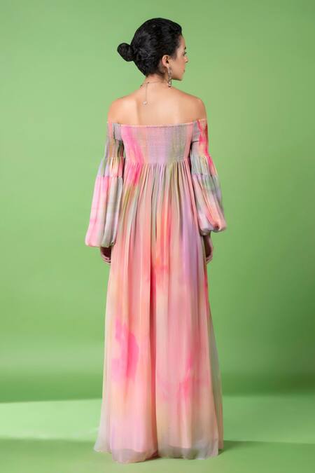 Siddhartha Bansal_Pink Chiffon Printed Abstract Off Shoulder Dress _at_Aza_Fashions