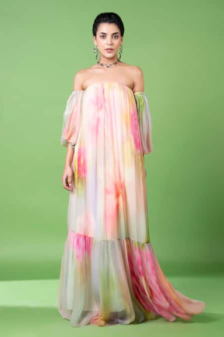 Siddhartha Bansal Pink Chiffon Printed Abstract Off Shoulder Dress