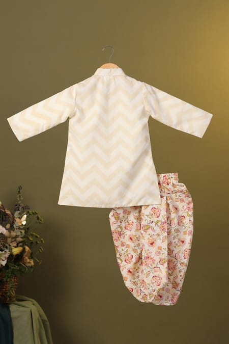 Shop Cute Couture Beige Cotton Embroidery Chevron Floral Kurta And Dhoti Set at Aza Fashions Shop_Cute Couture_Beige Cotton Embroidery Chevron Floral Kurta And Dhoti Set _at_Aza_Fashions