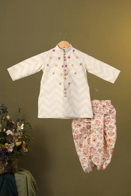 Cute Couture Beige Cotton Embroidery Chevron Floral Kurta And Dhoti Set Online at Aza Fashions Cute Couture_Beige Cotton Embroidery Chevron Floral Kurta And Dhoti Set _Online_at_Aza_Fashions