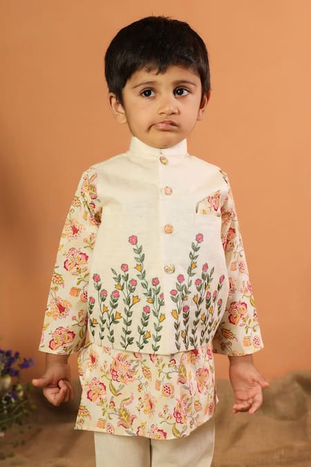 Cute Couture_Beige Cotton Embroidery Floral Jacket Kurta Set _Online_at_Aza_Fashions