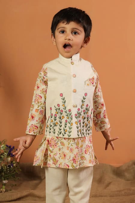 Shop_Cute Couture_Beige Cotton Embroidery Floral Jacket Kurta Set _Online_at_Aza_Fashions