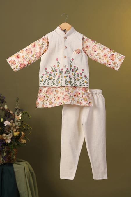 Cute Couture_Beige Cotton Embroidery Floral Jacket Kurta Set _at_Aza_Fashions