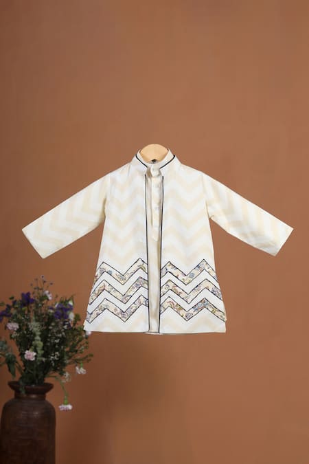 Buy Cute Couture Beige Cotton Embroidered Floral Applique Chevron Work Jacket Kurta Set Buy_Cute Couture_Beige Cotton Embroidered Floral Applique Chevron Work Jacket Kurta Set