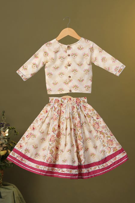 Shop Cute Couture Pink Cotton Printed Floral Panelled Skirt And Top Set at Aza Fashions Shop_Cute Couture_Pink Cotton Printed Floral Panelled Skirt And Top Set _at_Aza_Fashions
