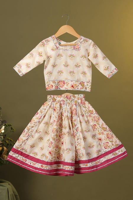 Cute Couture Pink Cotton Printed Floral Panelled Skirt And Top Set Online at Aza Fashions Cute Couture_Pink Cotton Printed Floral Panelled Skirt And Top Set _Online_at_Aza_Fashions