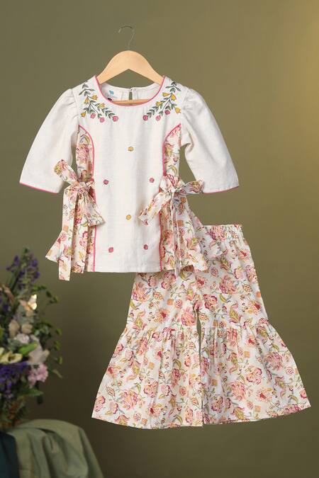 Cute Couture Beige Kurta Flex And Printed Floral Panelled & Sharara Set Online at Aza Fashions Cute Couture_Beige Kurta Flex And Printed Floral Panelled & Sharara Set _Online_at_Aza_Fashions