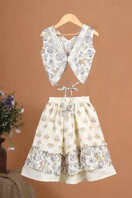 Shop Cute Couture Blue Cotton Gota Patti Floral Print Panelled Lehenga Set at Aza Fashions Shop_Cute Couture_Blue Cotton Gota Patti Floral Print Panelled Lehenga Set _at_Aza_Fashions