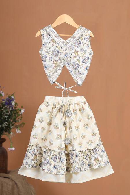 Cute Couture Blue Cotton Gota Patti Floral Print Panelled Lehenga Set Online at Aza Fashions Cute Couture_Blue Cotton Gota Patti Floral Print Panelled Lehenga Set _Online_at_Aza_Fashions