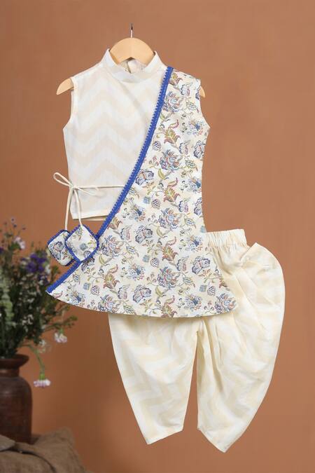 Cute Couture Beige Cotton Printed Chevron Floral Cape Cowl Dhoti Pant Set Online at Aza Fashions Cute Couture_Beige Cotton Printed Chevron Floral Cape Cowl Dhoti Pant Set _Online_at_Aza_Fashions