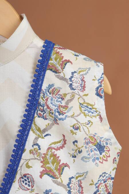 Shop Cute Couture Beige Cotton Printed Chevron Floral Cape Cowl Dhoti Pant Set Shop_Cute Couture_Beige Cotton Printed Chevron Floral Cape Cowl Dhoti Pant Set