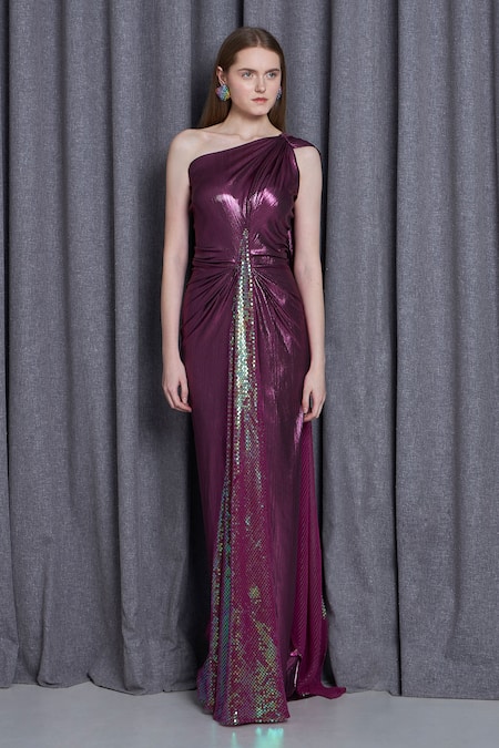 Shop_Cham Cham_Pink Sequins One Shoulder Halo Embellished Draped Gown _Online_at_Aza_Fashions