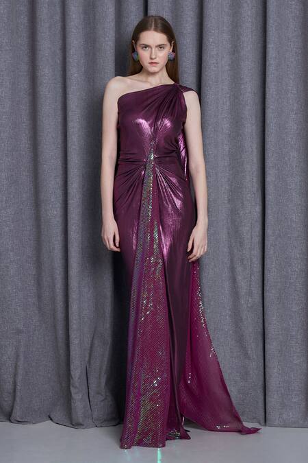 Cham Cham_Pink Sequins One Shoulder Halo Embellished Draped Gown _at_Aza_Fashions