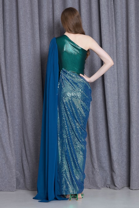 Shop Cham Cham Blue Kota Doria Sequins One Shoulder Metallic Embellished Gown at Aza Fashions Shop_Cham Cham_Blue Kota Doria Sequins One Shoulder Metallic Embellished Gown _at_Aza_Fashions