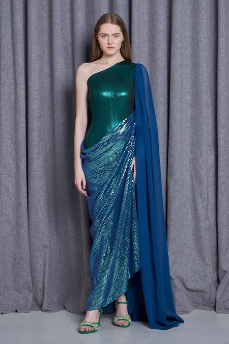 Cham Cham Blue Kota Doria Sequins One Shoulder Metallic Embellished Gown Online at Aza Fashions Cham Cham_Blue Kota Doria Sequins One Shoulder Metallic Embellished Gown _Online_at_Aza_Fashions