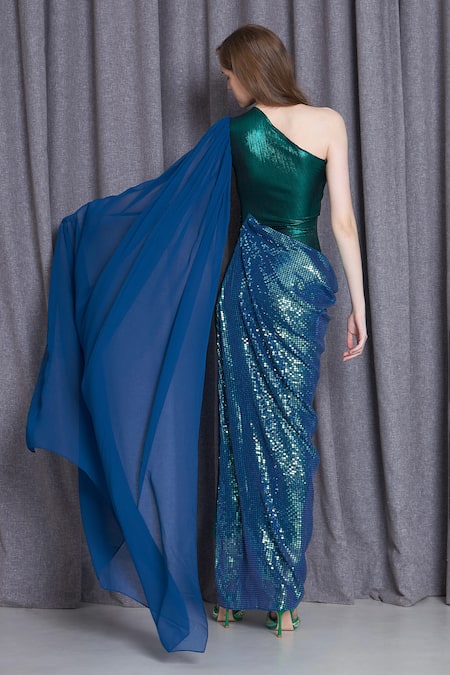 Buy Cham Cham Blue Kota Doria Sequins One Shoulder Metallic Embellished Gown Online at Aza Fashions Buy_Cham Cham_Blue Kota Doria Sequins One Shoulder Metallic Embellished Gown _Online_at_Aza_Fashions