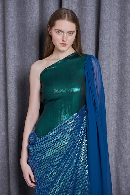 Shop Cham Cham Blue Kota Doria Sequins One Shoulder Metallic Embellished Gown Online at Aza Fashions Shop_Cham Cham_Blue Kota Doria Sequins One Shoulder Metallic Embellished Gown _Online_at_Aza_Fashions