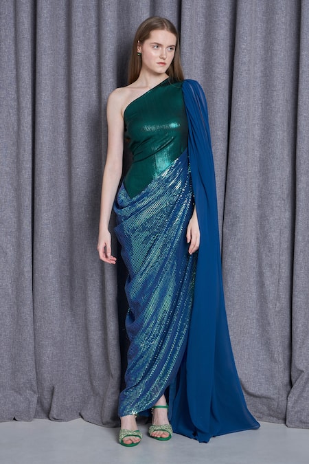 Cham Cham Blue Kota Doria Sequins One Shoulder Metallic Embellished Gown at Aza Fashions Cham Cham_Blue Kota Doria Sequins One Shoulder Metallic Embellished Gown _at_Aza_Fashions