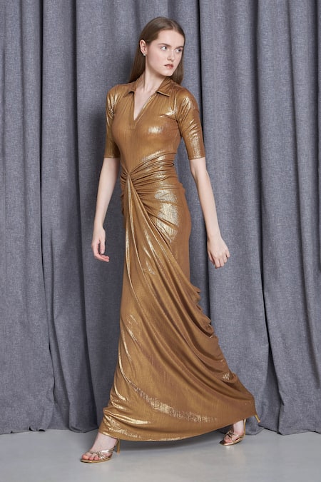 Shop_Cham Cham_Gold Knit Lame Embellished Sequin Collar Neck Metallic Draped Gown _Online_at_Aza_Fashions